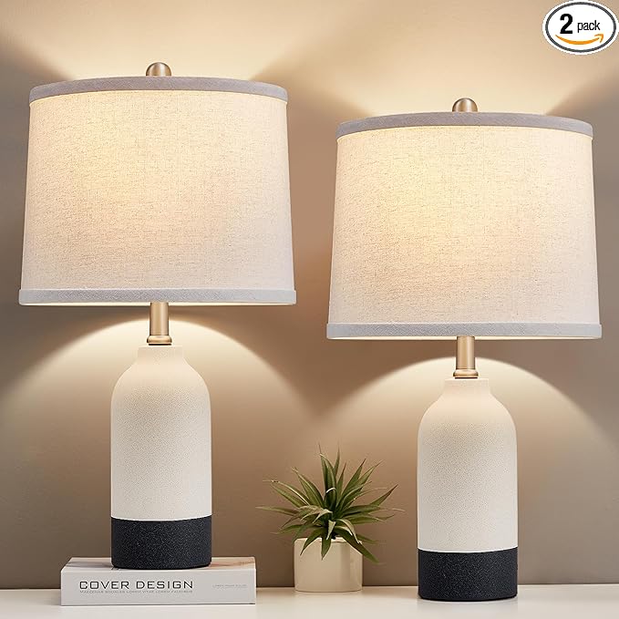 Modern Ceramic Table Lamp Set of 2, Adjustable Color Temperature Bedside Lamps for Night Stands with Fabric Drum Shade, Nightstand Lamps for Bedroom, Living Room, Desk, Includes 2 Bulbs (21.4")