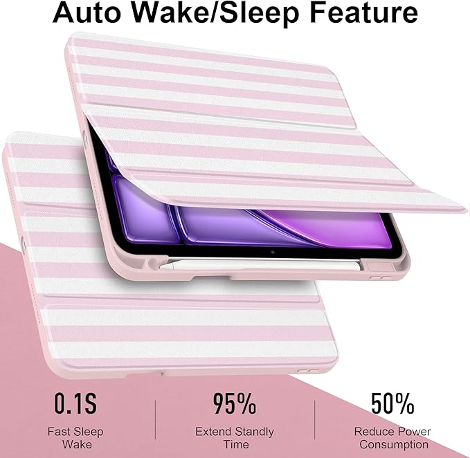 Case for iPad Air 13 inch 2026 M4 2025 M3 2024 M2 Release with Pencil Holder - Cute Pink White Striped Trifold Cover with Clear Back Auto Sleep, Aesthetic Soft Protective Skin for Girls Women
