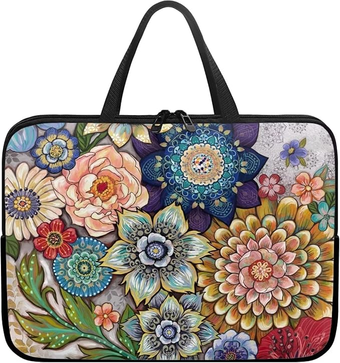 12 Inch Boho Flowers Laptop Sleeve for Women Girl, Slim Water Resistant Computer Carrying Case with Handle, Durable Protective Laptop Tote Bag Cover Compatible with Tablet/Notebook/Reader