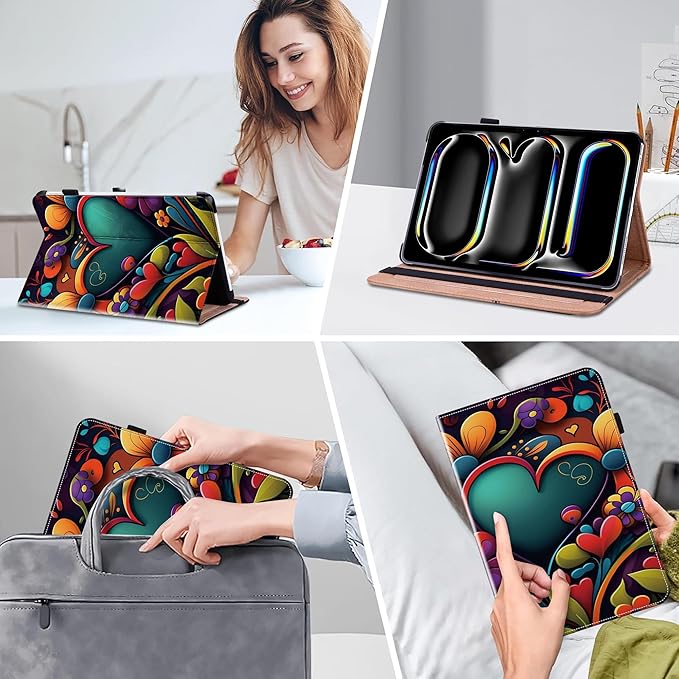 Case for iPad Pro 11 inch Case (M5/M4) 2025/2024, Premium Leather Folio Stand Cover with Auto Wake/Sleep, Pencil Holder and Card Slots - Watercolor
