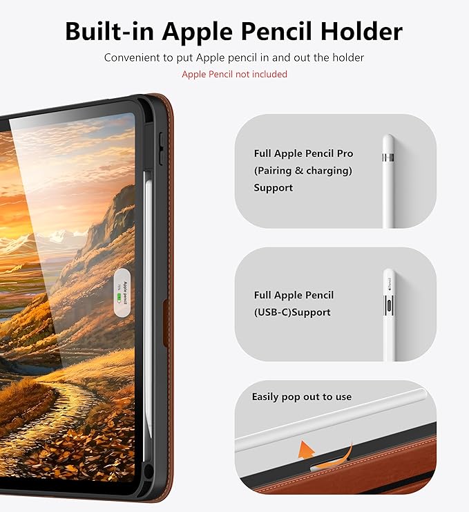 DTTO for iPad Air 11 inch Case M4 / M3 / M2 (2026/2025/2024), iPad Air 5th / 4th Gen (2022/2020), 360 Degree Rotating Premium Leather Folio Stand Cover with Pencil Holder, Brown