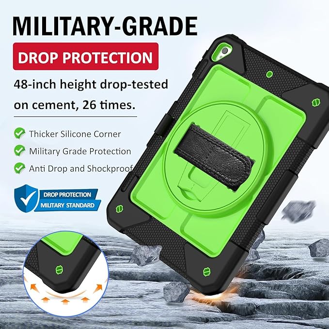 BMOUO Case for iPad 6th/5th Generation Case (9.7 inch, 2018/2017), 360°Rotating Stand, Hand/Shoulder Strap Shockproof iPad 9.7” Case for iPad Air 2, Black and Green