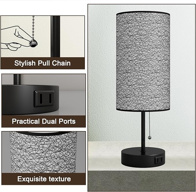 YIDPU Table Lamp for Bedroom,Nightstand Lamp for Bedside with AC Outlets,Adjustable 3color LED Light Desk Lamp for Home Decor,Included Bulb and Lamp Shade(Black-OnlyAC, 1PCS)