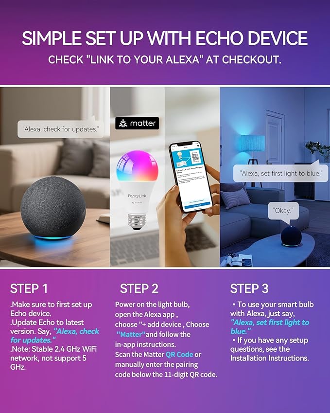 Matter Smart Light Bulbs, Color Changing Light Bulb, hub Required, A19 60W,2.4Ghz WiFi only,Compatible with Alexa Google Assistant, Apple Home,16 Million Colors RGBCW 800 Lumen,6 Pack
