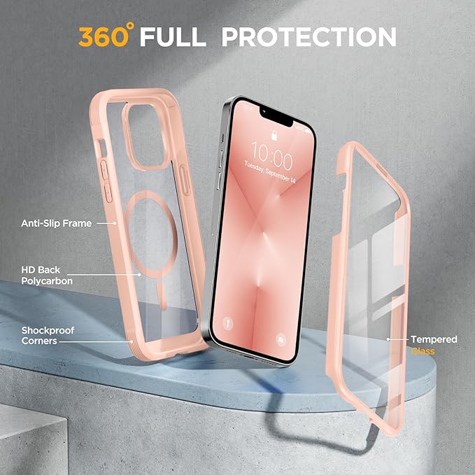 Miracase for iPhone 13 Pro Case 6.1",Full-Body Protection,Clear Bumper Case with Built-in 9H Tempered Glass Screen Protector,Military-Grade Drop Protection Outdoor Phone Case for iPhone 13 Pro,Pink