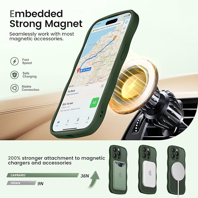 CAPRARO for iPhone 14 Pro Max Case with 360° Spin Magnetic Stand for Women, [Compatible with MagSafe] [Full Camera Protection] Cute Wave Translucent Matte Case for iPhone 14 Pro Max, Dark Green
