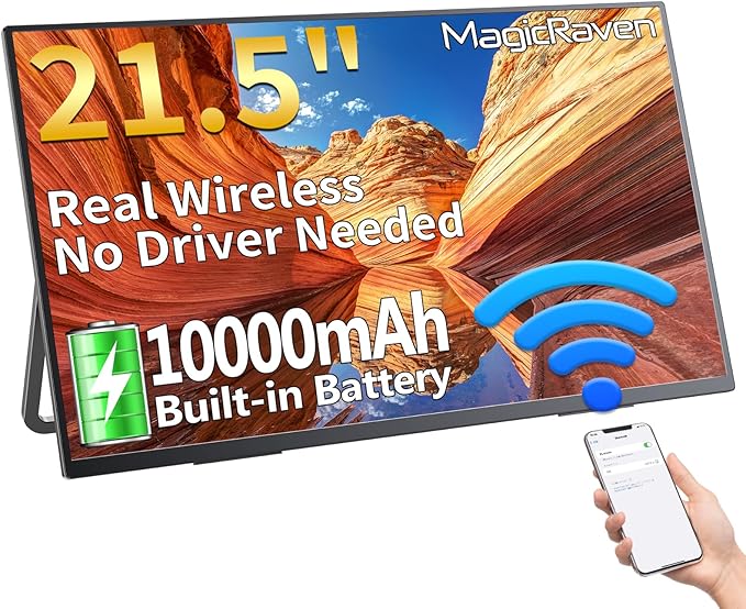 MAGICRAVEN Wireless Portable Monitor with Battery- 21.5" 1080P 100Hz IPS Second Screen for Office, AirPlay & Miracast Casting, Up to 3.5hrs Use, No Cables or Drivers Needed, Works with Laptop/PC/Phone