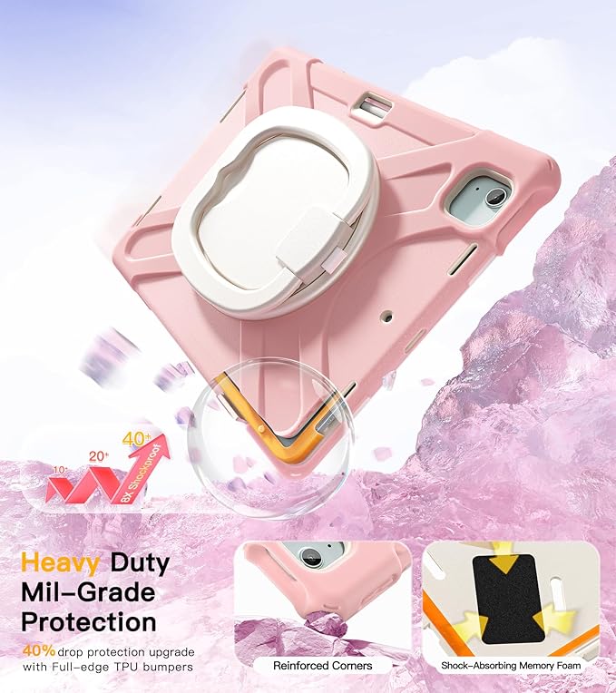 BRAECN for iPad Air 13 Kids Case M4 2026/M3 2025/M2 2024 & iPad Pro 12.9 Case (6th/5th4th/3rd Gen), Heavy Duty Silicone Cover with 360 Swivel Ring Kickstand/Shoulder Strap/Pencil Holder, Sakura Pink