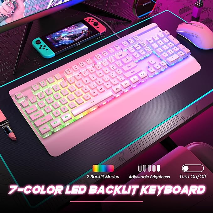 Pink Creamy Keyboard, 104 Keys All-Metal Panel, Rainbow LED Backlit Silent Gaming Keyboard, Wrist Rest, PBT Keycap, Anti-ghosting Keys, Light Up USB Wired Computer Keyboard for PC