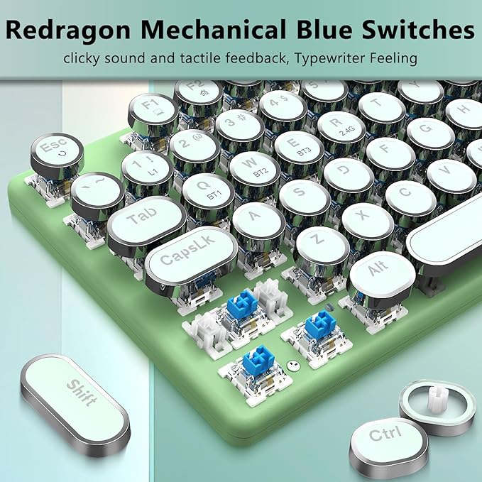 Redragon K710 Wireless Typewriter Mechanical Gaming Keyboard, Bluetooth/2.4Ghz/Wired, RGB Led Backlit, Blue Switch - Clicky, Rechargeable, Solid Metal Panel, Round Keycaps, Green