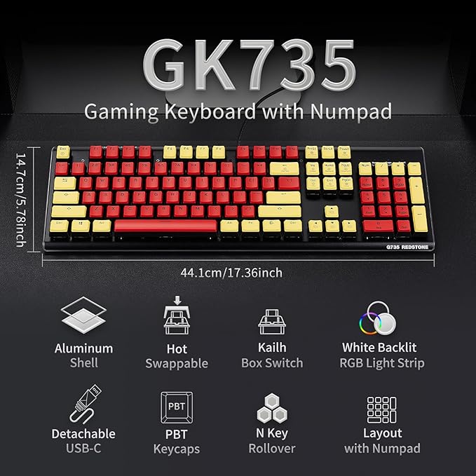 Hexgears GK735 Wired Mechanical Gaming Keyboard, Hot-Swappable Full-Size Keyboard with White Backlit + Surround Side Light Strip, Aluminum Finish, Kailh Clicky Switches (Red-Yellow)