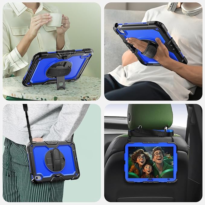 SEYMAC Case for iPad (A16) 11th/10th Generation 2025/2022 (11″/10.9″), Heavy Duty Full-Body Shockproof Protective Case with Screen Protector, Rotating Stand, Hand/Shoulder Strap, Black/Dark Blue