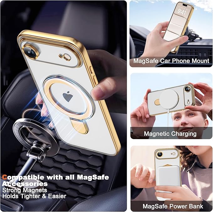 Compatible with iPhone 17 Air Case with Invisible Magnetic Ring Stand [Compatible with Mag-Safe] [Full Camera Lens Protector] Plating Clear Phone Case for iPhone 17 Air 6.5", Gold