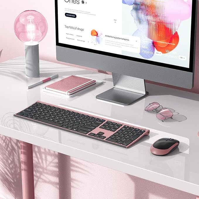 Wireless Keyboard and Mouse, Vssoplor Rechargeable Quiet Full-Size Keyboard and Mouse Combo Set Ultra Slim Design for Laptop, PC, Notebook, Desktop-Black and Rose Gold