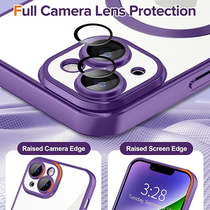 Hython Magnetic Clear for iPhone 14 Plus Case with Camera Lens Protector [Compatible with MagSafe] Luxury Plating Edge Slim Soft TPU Cover Protective Phone Case for iPhone 14 Plus 6.7", Matte Purple