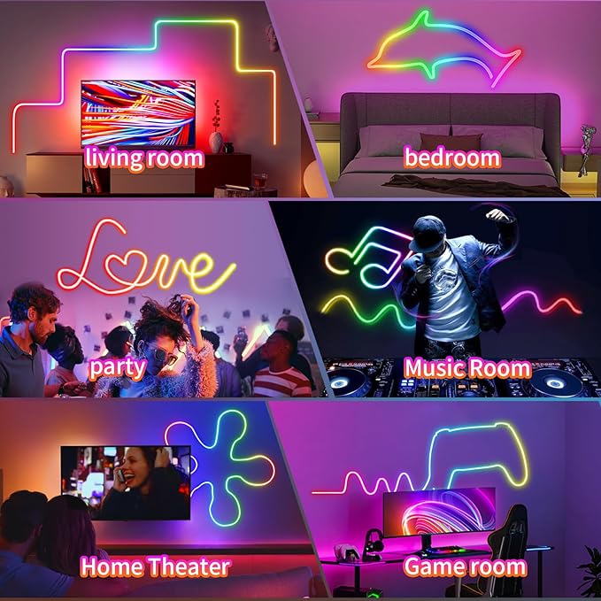 Neon Rope Light, 6.56FT RGB LED Strip Light APP Control, Button Control, 5V Musci Sync Color Changing Rope Light, IP65 Waterproof LED Light for Bedroom Living, Party, Christmas Decoration