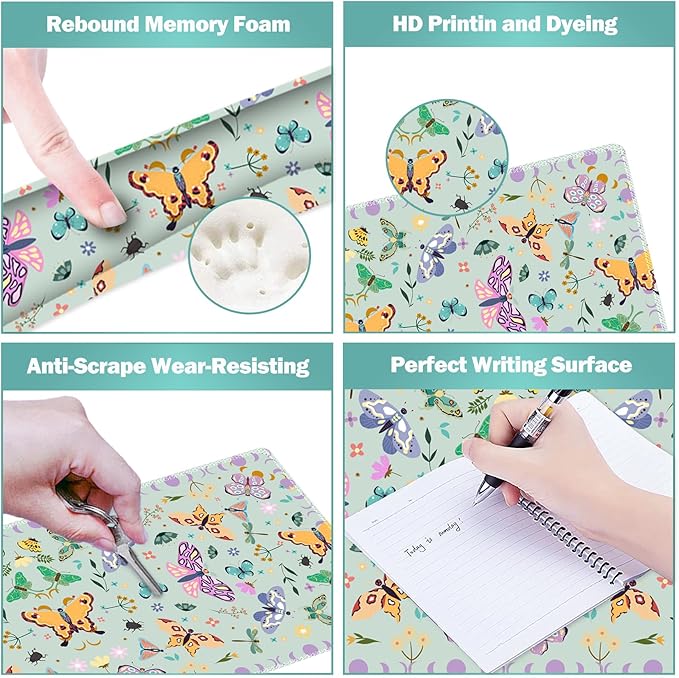 ARTSO Desk Mat Set, Aquamarine Extended Gaming Mouse Pad with Wrist Rest Support +Keyboard Wrist Rest +Coaster, Large Cute Butterfly Mousepad for Office, Home