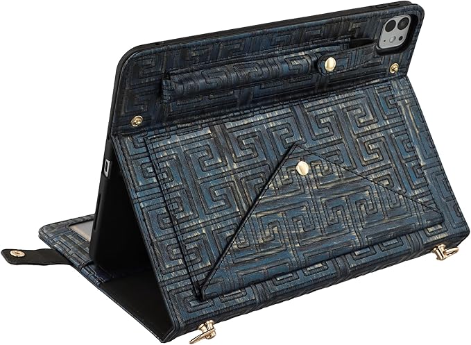Handbag Case for iPad Pro 12.9" 2018-2022 & iPad Air 13-inch 2024-2025 - Techcircle Vintage Maze Pattern Crossbody Folio Stand Case with Pencil/Card Holder, Hand Grip/Shoulder Strap, Retro Navy