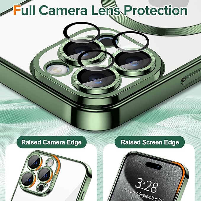 Hython Magnetic Clear for iPhone 15 Pro Max Case with Camera Lens Protector [Compatible with MagSafe] Plating Edge Slim Soft TPU Cover Protective Phone Case for iPhone 15 Pro Max 6.7", Deep Green