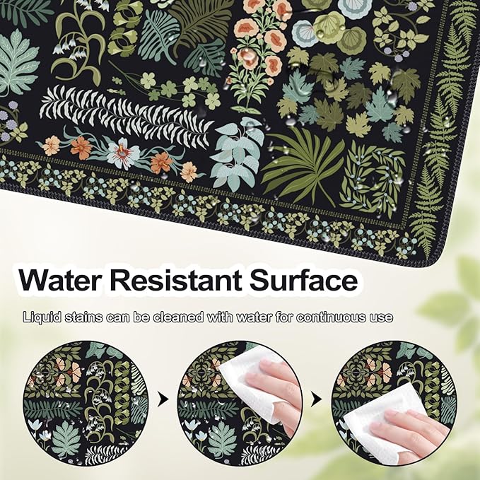 iCasso Floral Desk Pad Mat, Large Mouse Pad, Desk Matt for Desktop, Anti-Slip XXL Big Mousepad with Stitched Edges for Computer Keyboard (Black)
