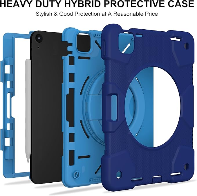 Andnary Case for iPad Air 11 inch Case M4/M3/M2 (2026/2025/2024), Heavy Duty Shockproof Cover with Screen Protector, 360° Rotating Stand, Pencil Holder, Shoulder Strap (Navy+Blue)
