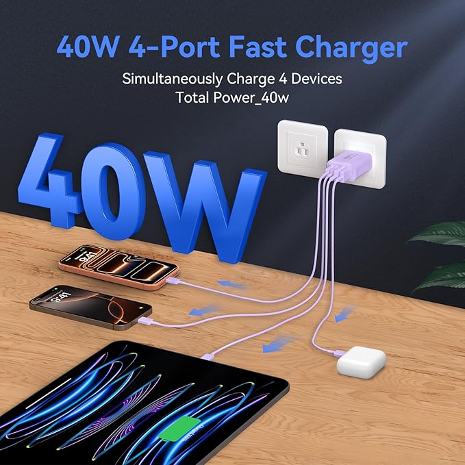 USB C Wall Fast Charger Block, 40W 4-Port Type C Charger Fast Charging Blocks PD Power Charger Adapter+QC 3.0 USB Multiport Charger Brick for Phone 17/16/15/14/13/12 Pro Max, Pad, Galaxy S25-Lavender