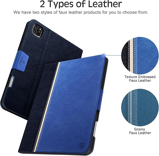 KingBlanc Case for iPad Pro 11 inch (M5 2025/M4 2024) with Pencil Holder, Vegan Leather Smart Stand Cover, Auto Sleep Wake, Support Pencil Pro/(USB-C), Viewing/Typing Angle, Durable Protection, Blue