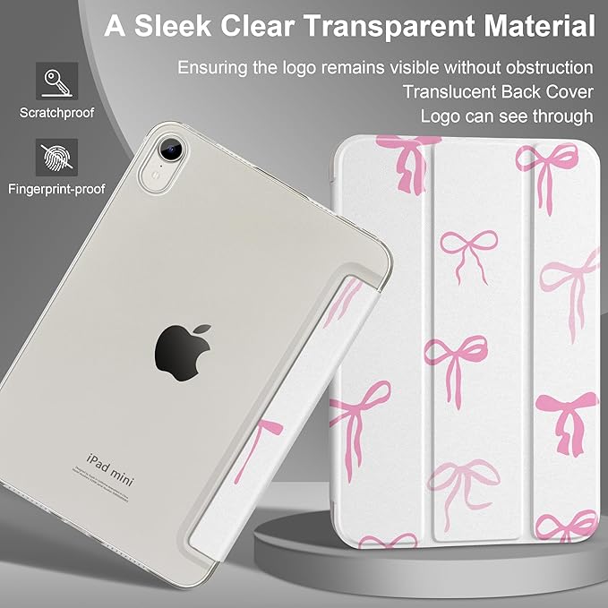 DONGKE for iPad mini 7 (A17 Pro) 2024 & iPad mini 6 2021 8.3 Inch, Slim Foldable Stand Hard PC Translucent Back Shell Smart Cover for iPad mini 7th/6th Generation [Auto Wake/Sleep] - Pink Bows