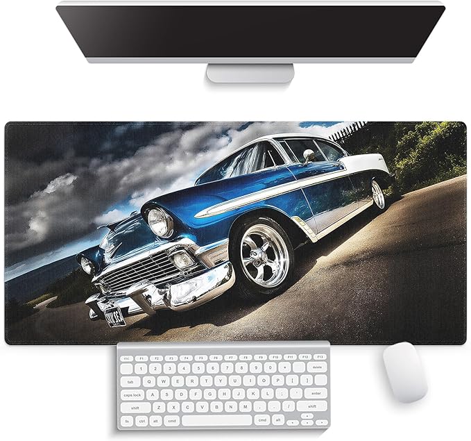 Large Gaming Mouse Pad (31.5" x 15.8") - Elegant Blue Classic Car Journeying on a Peaceful Road, Extra XXL Office Accessories, Premium Stitched Anti-Slip Office Desk Mat