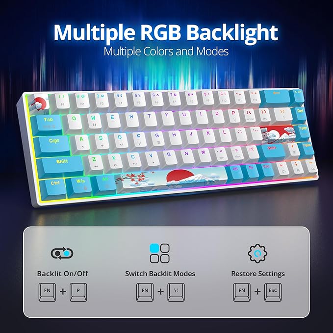 65 Percent Mechanical Gaming Keyboard 65% Portable Keyboard 68 Keys Compact Wired Keyboard RGB Backlit for PC Laptop Gamer(68 Sea/Blue Switch)