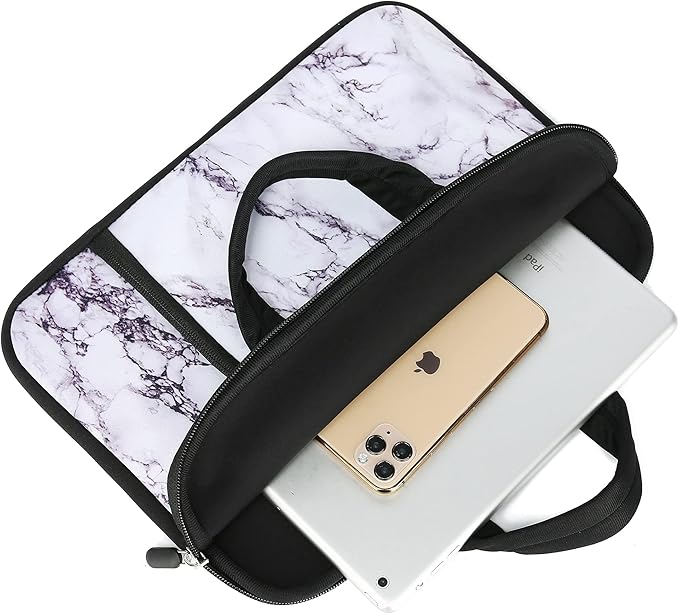 14 15 15.4 15.6 inch Laptop Handle Bag Computer Protect Case Pouch Holder Notebook Sleeve Neoprene Cover Soft Carrying Case with Extra Pockets For Dell Lenovo HP Chromebook (White Marble)