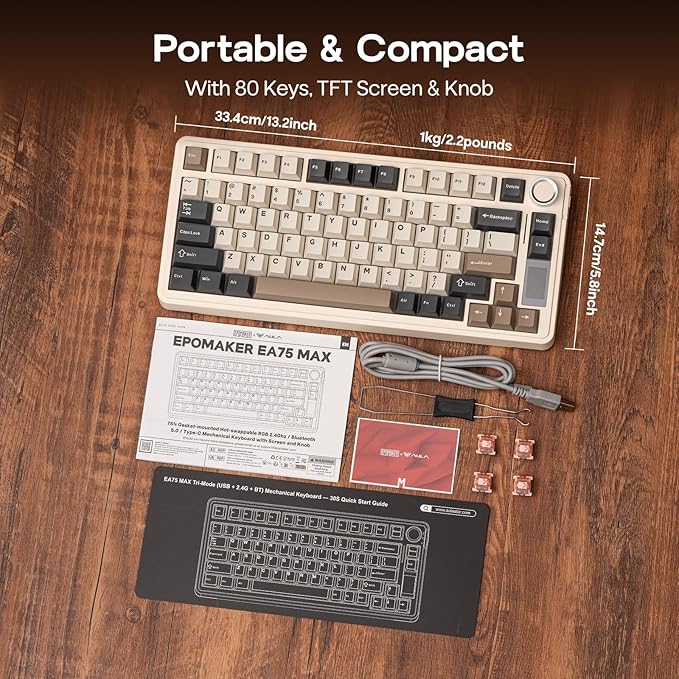 EPOMAKER X Aula EA75 MAX Wireless Gaming Keyboard with Screen & Knob, 5000mAh, Hot-Swap, Lubed Switches, RGB Backlit, Creamy Gasket, 75% Mechanical Keyboard (Retro White, Silent Cotton Candy Switch)