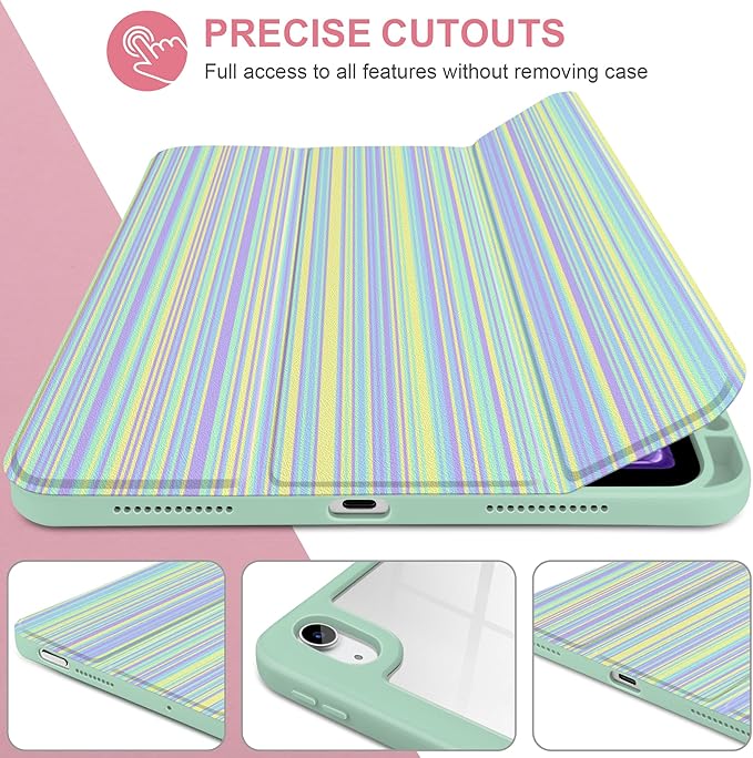 Case for iPad Air 11 inch M4 2026 M3 2025 M2 2024 Release with Pencil Holder - Aesthetic Cute Preppy Design Trifold Cover with Soft TPU Bumper Clear Back Auto Sleep/Wake for Girls, Lines Green