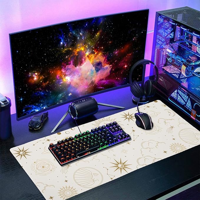 Boho Chic Sun Moon Large Mouse Pad XXL Magic Mystical Galaxy Stars Clouds Extended Large Desk Mat White Big Desk Pad 90X40 CM Non-Slip Rubber Base Stitched Edge Long Mousepad,35.4 x 15.7 Inch