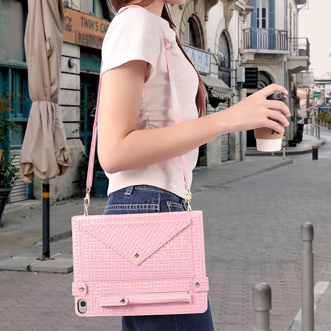 Shiny Case for iPad mini 5/4/3/2/1, Mini 7.9" Handbag Case, Techcircle Iridescent PU Leather Folio Envelope Pocket Stand Cover with Hand Strap+Shoulder Strap+Pencil Holder+Card Slots, Shiny Pink