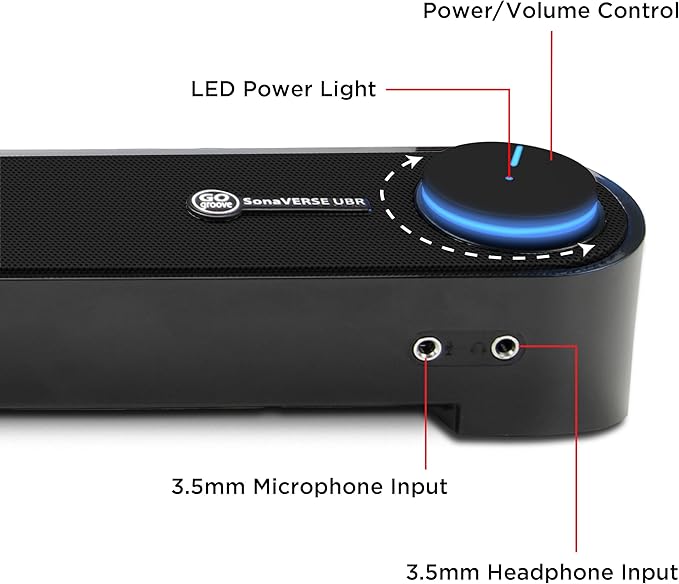 GOgroove Computer Speaker Mini Soundbar - USB Powered PC Sound Bar with Easy Setup Wired AUX, Stereo Audio, Microphone Port, Volume Control Knob, Under Monitor Design for Desktop (Blackout)