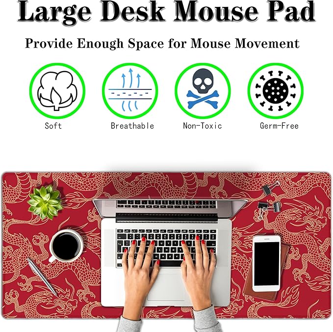 Keyboard Pad Red, Gaming Mousepad Desk Pad Big Mouse Pads Desk Decor for Men, 900X400 Mouse Pad Waterproof Non-Slip Rubber Base, 35.4 X 15.7 inch for Work/Game/Office/Home Chinese Dragon