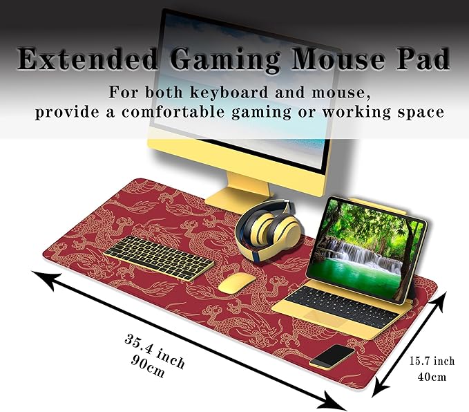Keyboard Pad Red, Gaming Mousepad Desk Pad Big Mouse Pads Desk Decor for Men, 900X400 Mouse Pad Waterproof Non-Slip Rubber Base, 35.4 X 15.7 inch for Work/Game/Office/Home Chinese Dragon