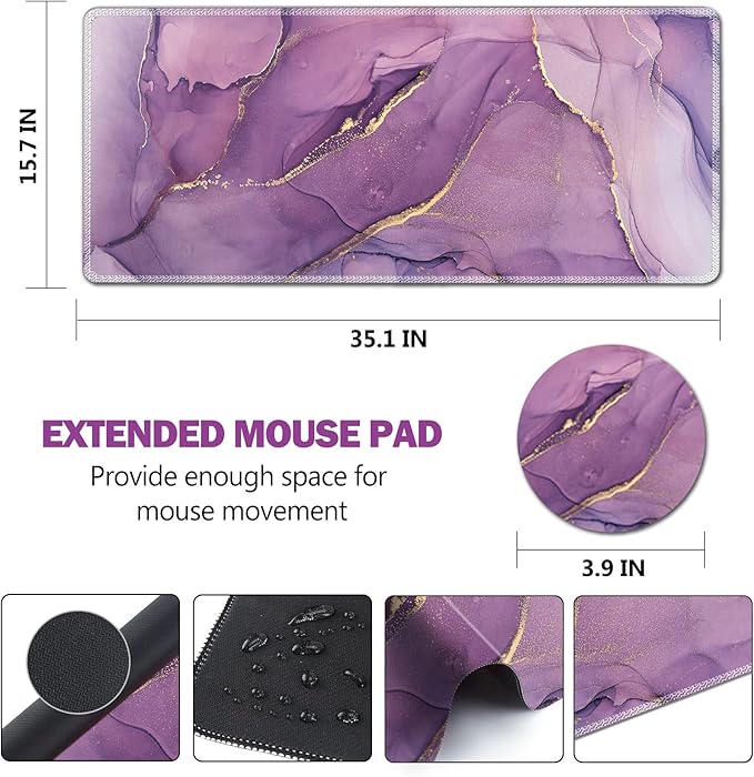 AIMSA Large Gaming Mouse Pad, XXL Keyboard Mouse Mat Extended Desk Pad with Stitched Edges, Durable Non-Slip Base Mousepad for Home Office, 35x15.7inch, Purple Marble