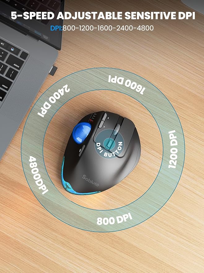 MAM1 Pro Wireless Trackball Mouse, Ergonomic Bluetooth Rechargeable Computer Mouse, Backlit Rollerball Thumb mice with 5 Level DPI, Adjustable Angle, 3 Devices Connection for PC, Windows - Blue Ball
