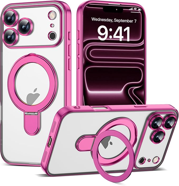 Compatible with iPhone 17 Pro Case with Invisible Magnetic Ring Stand [Compatible with Mag-Safe] [Full Camera Lens Protector] Plating Clear Phone Case for iPhone 17 Pro 6.3", Rose