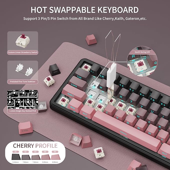 ATTACK SHARK X66 Wireless Mechanical Gaming Keyboard with Knob,Tri Mode USB-C/BT5.0/2.4G Gasket Mounted 60% RGB Gaming Keyboard,Side Printed PBT Keycap, Hot Swappable Strawberry Switch(BlackBerry)