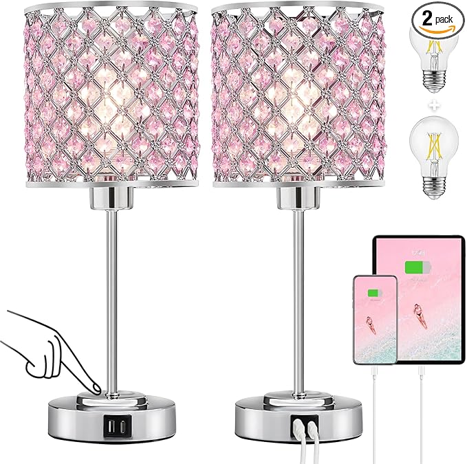 GyroVu Crystal Table Lamp, Bedside Crystal Lamp, Dimmable Touch Nightstand Lamp with USB-C+A Charging Ports Pink Night Lights Decorative Accent Lamp for Bedroom, Living Room, Office, Girls Room