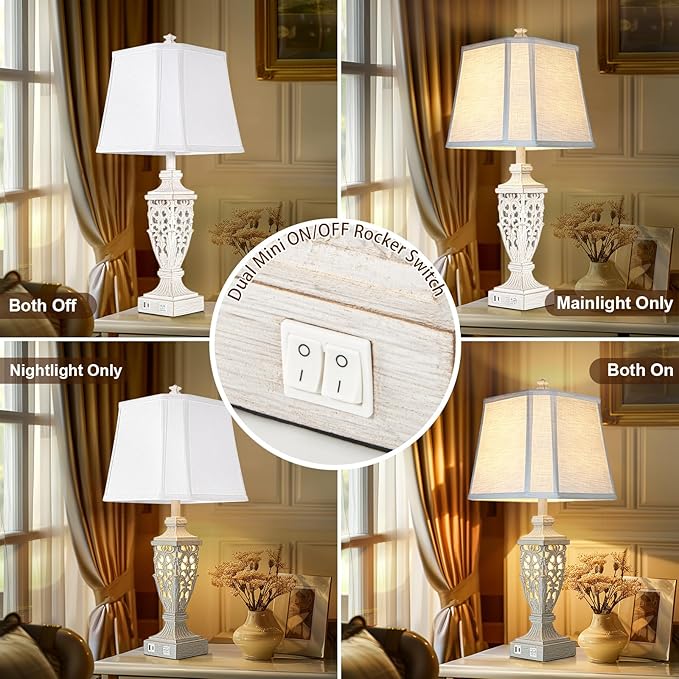 28.5" Lamps for Living Room - Table Lamps Set of 2 with Night Light,Bedside Lamp with White Linen Cut Corner Shade - for Bedroom Room and Nightstand with USB A+C Ports- for Office Hotel(Bulb Included)