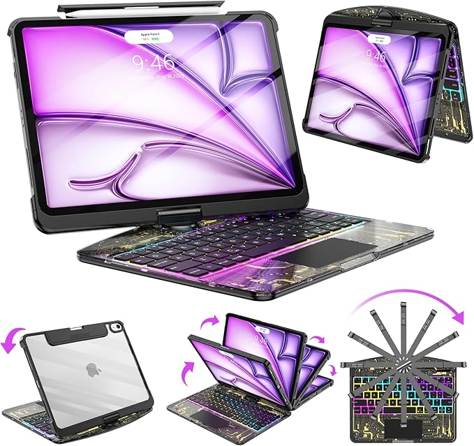 SIBEITU Clear Wireless Keyboard Case for iPad Air 13-inch M4/M3/M2 (2026/20252024) & iPad Pro 12.9-inch 6th 5th 4th 3rd Gen, Precision Trackpad & 7-Color Backlit, Pencil Holder, 360°Rotatable, Black