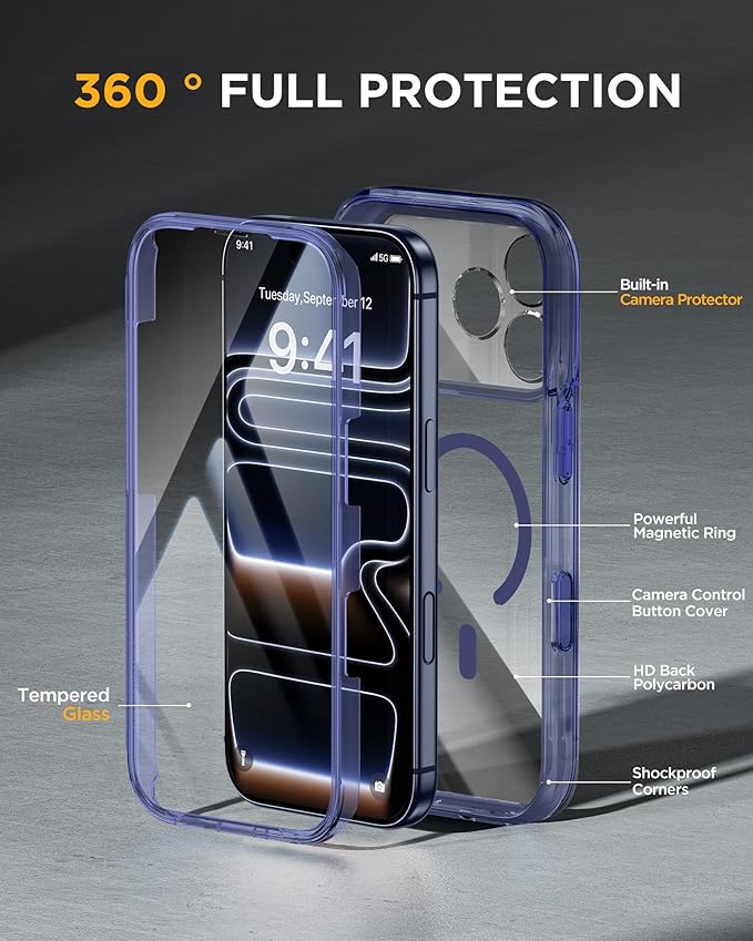 Miracase Magnetic for iPhone 17 Pro Case 6.3" [Compatible with MagSafe] Full-Body Phone Case with Built-in Glass Screen Protector & Camera Control,Drop Proof iPhone 17 Pro Cover, Clear Blue