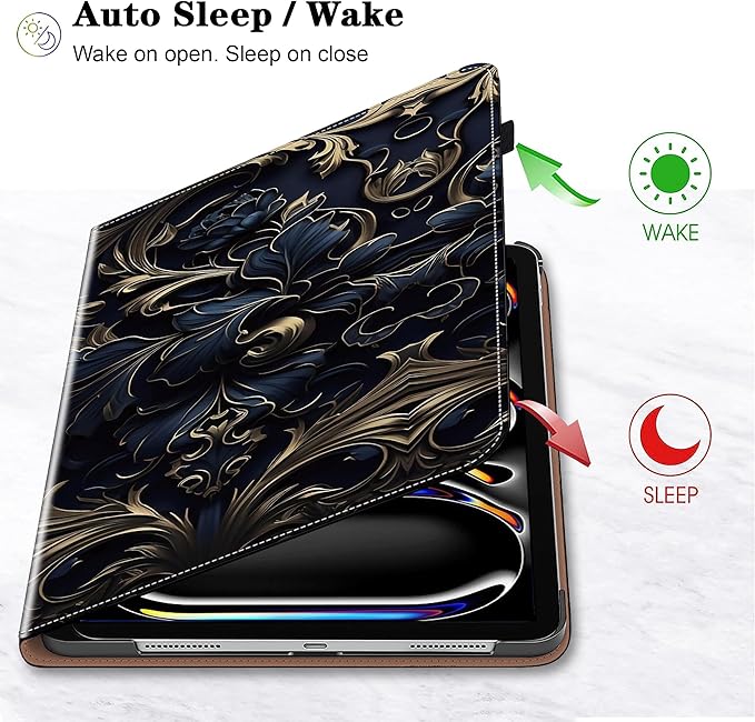 Case for iPad Pro 13 inch (M5/M4) 2025/2024, Premium Leather Folio Stand Protectors Cover with Auto Wake/Sleep, Pencil Holder, Hand Strap and Card Slots - Blue Flower