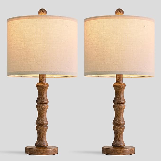 BOBOMOMO 20.5" Rustic Table Lamps Set of 2, Farmhouse Nightstand Lamp with Wood Grain Resin Base & Linen Shade, Small Bedside Lamp for Bedroom, Living Room & Apartment Décor- Ideal for Small Spaces