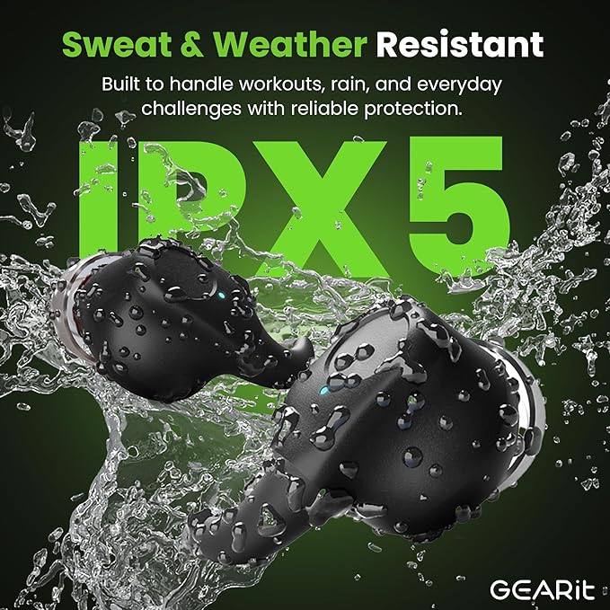 GEARit True Wireless Earbuds Compatible with iPhone & Android - 20H Playtime - HD Sound Clarity - IPX5 Water-Resistant & Sweatproof - Secure All-Day Fit Workout Ear Buds - Wireless Bluetooth Earbuds