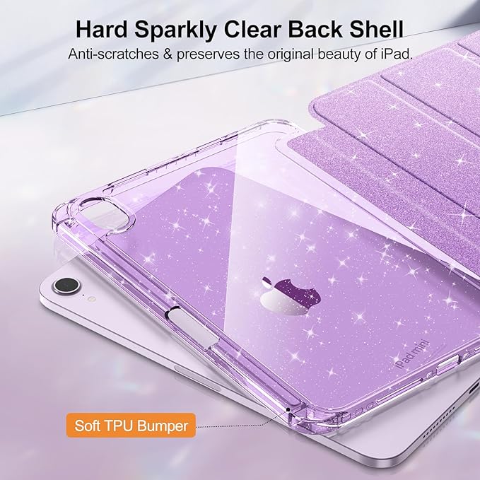 Fintie Slim Case for iPad Mini 7 (A17 Pro, 7th Generation) 2024 / iPad Mini 6 (6th Gen) 8.3 Inch - [Built-in Pencil Holder] Glittering Sparkly Shockproof Cover w/Shiny Clear Back Shell, Purple